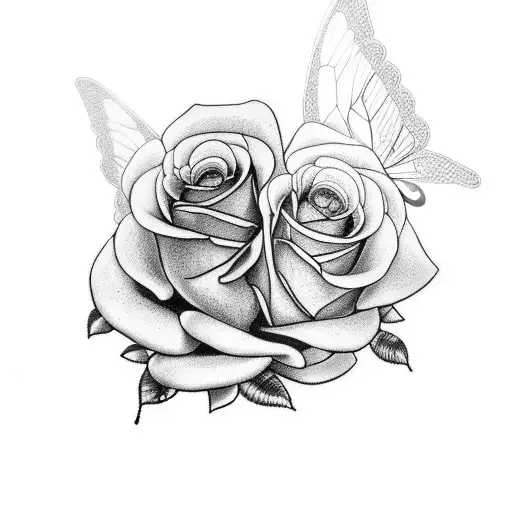 Design a realistic black and grey tattoo of a butterfly resting on a bed of roses tattoo design idea