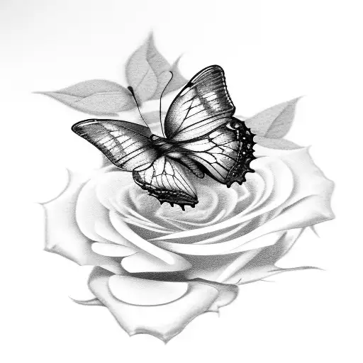 Design a realistic black and grey tattoo of a butterfly resting on a bed of roses tattoo design idea