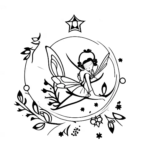fairy silhouette with stars around and greenery tattoo design idea