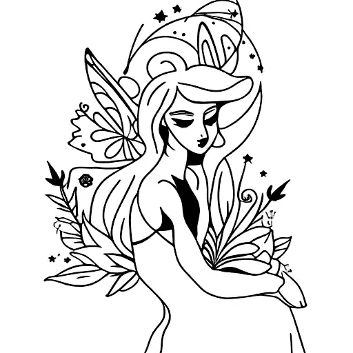 fairy silhouette that has stars and greenery around  tattoo design idea