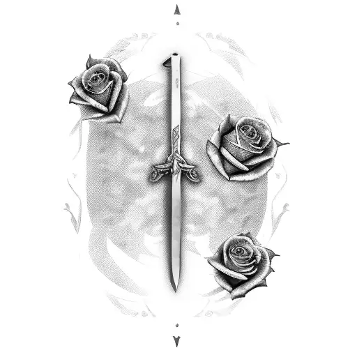 battle worn sword with roses and the number XXVII inside the blade, this tattoo should represent a fallen soldier tattoo design idea