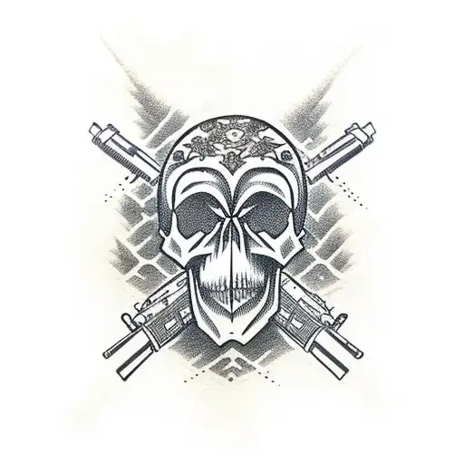 Skull with gun and foggy pine tree forest tattoo design idea