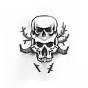 Skull with gun and foggy pine tree forest tattoo design idea