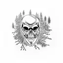 Skull with gun and foggy pine tree forest tattoo design idea