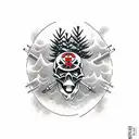 Skull with gun and foggy pine tree forest tattoo design idea