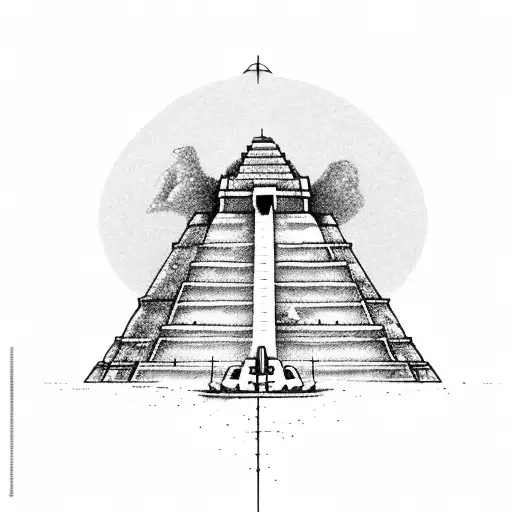 A dotwork tattoo of a majestic Gundam robot standing against a backdrop of ancient Mexican pyramids tattoo design idea