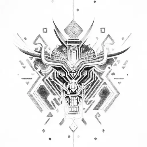 A mythical Aztec-inspired creature with circuit board patterns and glowing neon accents tattoo design idea