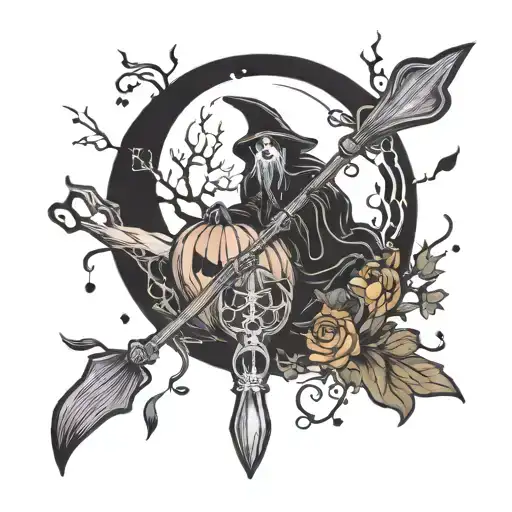 coffin planchette pumpkin ghost witch broom In front of moon tattoo design idea