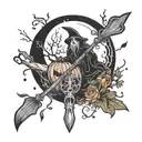coffin planchette pumpkin ghost witch broom In front of moon tattoo design idea