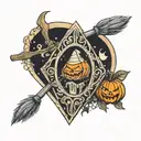 coffin planchette pumpkin ghost witch broom In front of moon tattoo design idea