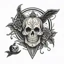 coffin planchette pumpkin ghost witch broom In front of moon tattoo design idea