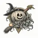 coffin planchette pumpkin ghost witch broom In front of moon tattoo design idea
