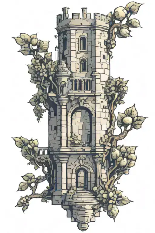 castle tower ruin with pear trea growing out of it tattoo design idea