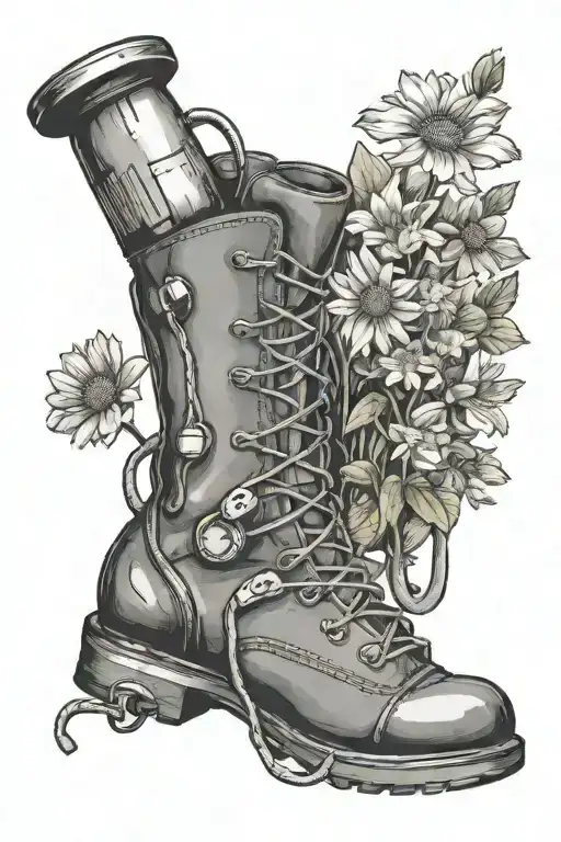 A stethoscope intertwined with blooming wildflowers and hiking boots tattoo design idea