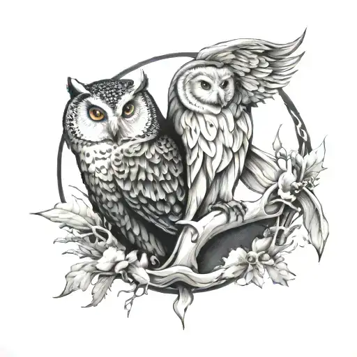 snow owl with wolf under the moon tattoo design idea