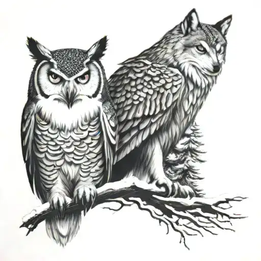 snow owl and wolf  tattoo design idea