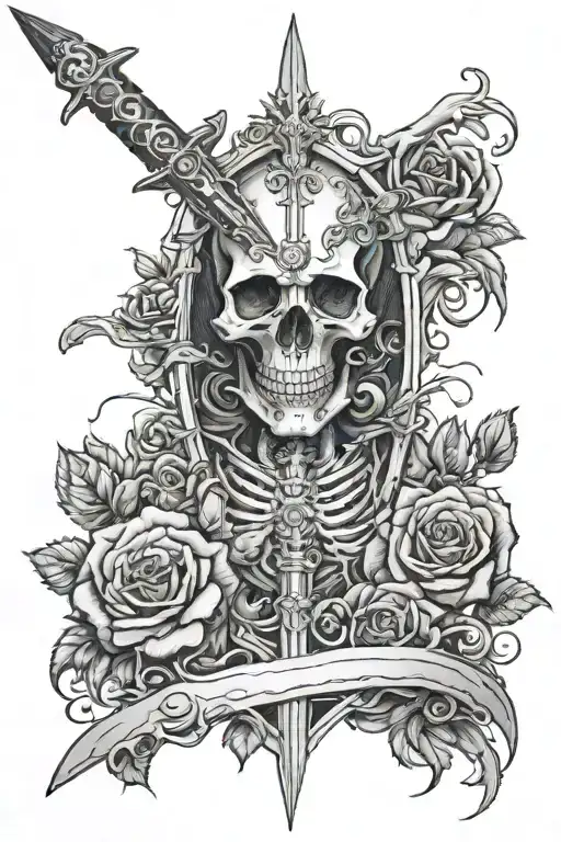 A sword pierced into a skeleton in roses with thorns tattoo design idea