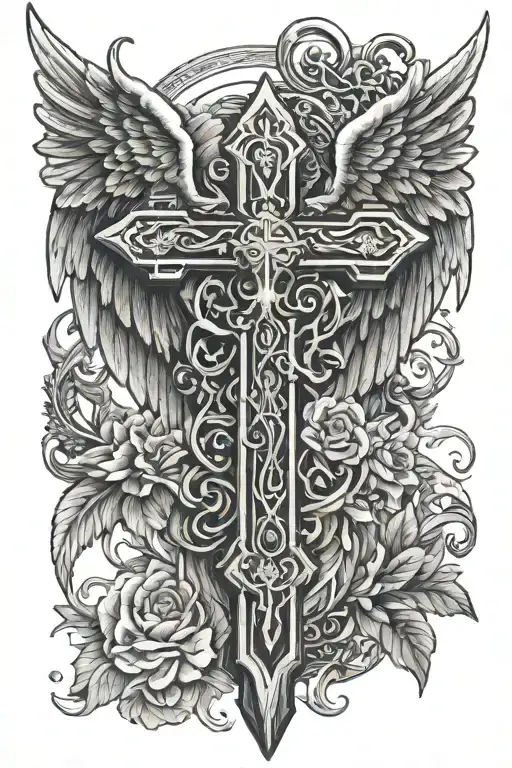 Gangsta cross with angel wings tattoo design idea
