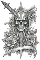 A sword pierced into a skeleton in roses with thorns tattoo design idea