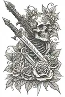 A sword pierced into a skeleton in roses with thorns tattoo design idea