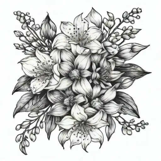 fine line tattoo of these flowers: violet, aster, lily of the valley and magnolia  tattoo design idea