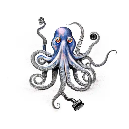 Octopus with wrench, paint gun, basketball, magnifying glass, watering jug being clenched in tentacles tattoo design idea