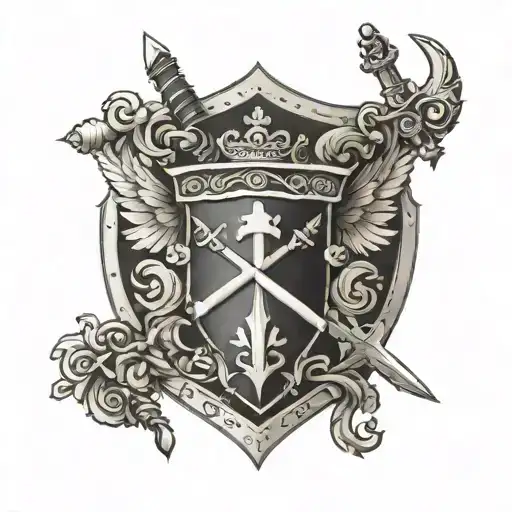 Design a family crest with Christian symbols and swords tattoo design idea