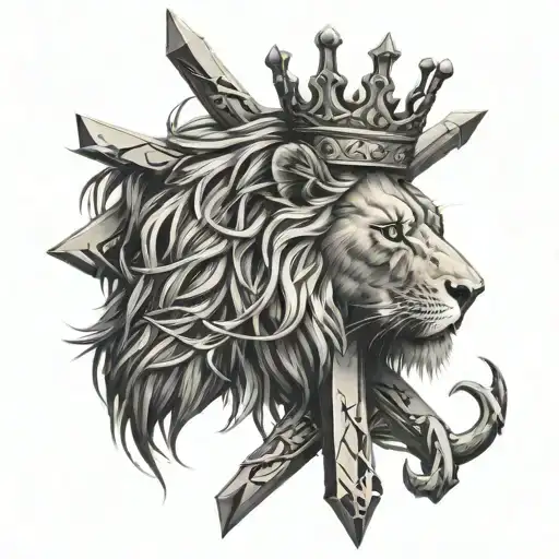 A lion, a symbol of strength and family, wearing a crown of thorns and standing on a cross, representing Christian faith tattoo design idea