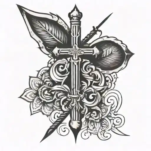 Incorporate Afrikaans script with a cross and swords to represent heritage and faith tattoo design idea