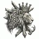 A lion, a symbol of strength and family, wearing a crown of thorns and standing on a cross, representing Christian faith tattoo design idea