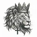 A lion, a symbol of strength and family, wearing a crown of thorns and standing on a cross, representing Christian faith tattoo design idea