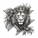 A lion, a symbol of strength and family, wearing a crown of thorns and standing on a cross, representing Christian faith tattoo design idea