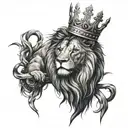 A lion, a symbol of strength and family, wearing a crown of thorns and standing on a cross, representing Christian faith tattoo design idea
