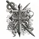 Incorporate Afrikaans script with a cross and swords to represent heritage and faith tattoo design idea