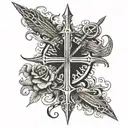 Incorporate Afrikaans script with a cross and swords to represent heritage and faith tattoo design idea