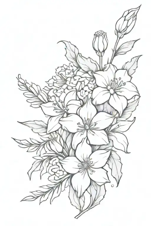 a bouquet of flowers containing daffodils Holly Berries and Carnations  tattoo design idea