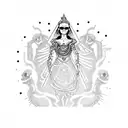 Design a dotwork tattoo of a tarot card reader surrounded by dancing skeletons tattoo design idea