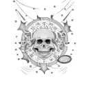 Design a dotwork tattoo of a tarot card reader surrounded by dancing skeletons tattoo design idea