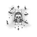 Design a dotwork tattoo of a tarot card reader surrounded by dancing skeletons tattoo design idea