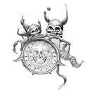 Design a dotwork tattoo of a tarot card reader surrounded by dancing skeletons tattoo design idea