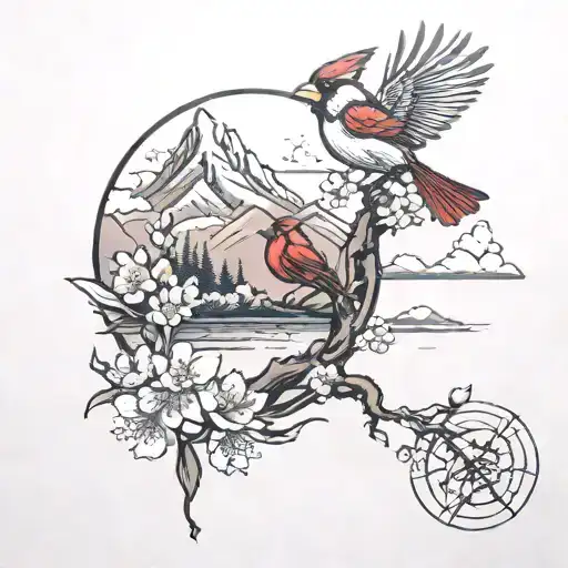 Cherry Blossom and Cardinal Bird with Mountain and River with Sun in the Background tattoo design idea