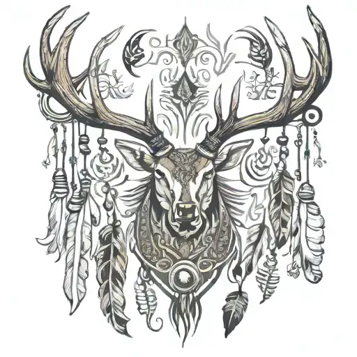 elk horns, deer horns, pheasant feathers hanging tattoo design idea