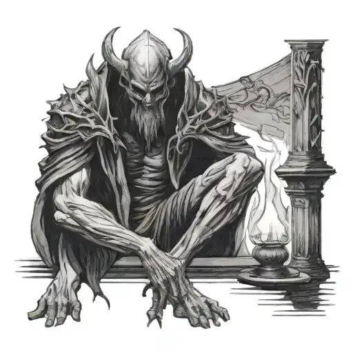 A haunting image of Hades lurking in the shadows behind a lone figure drawing in a sketchbook, symbolizing the struggle between artistic expression and inner demons tattoo design idea