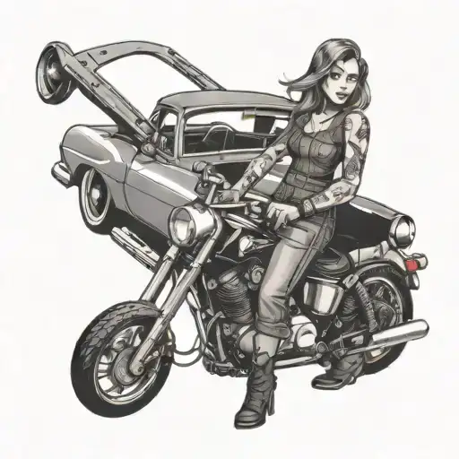A badass female mechanic wielding a wrench and surrounded by classic cars tattoo design idea