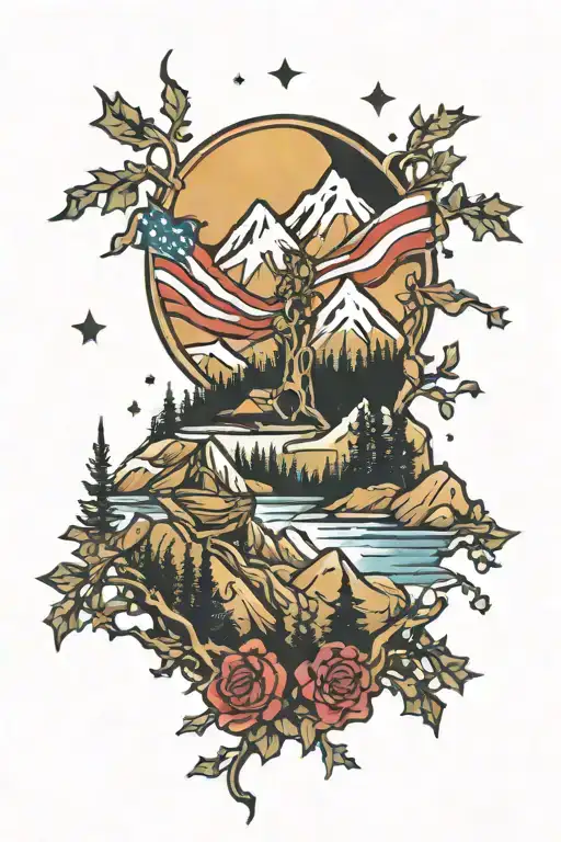 mountains and trees with American flah tattoo design idea
