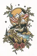 mountains and trees with American flah tattoo design idea