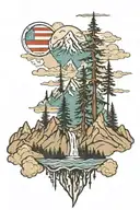 mountains and trees with American flah tattoo design idea