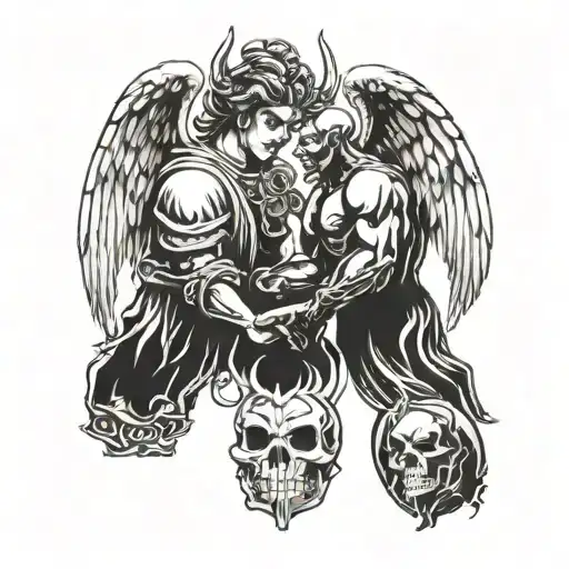 a angel and a demon shaking hands reaching tattoo design idea