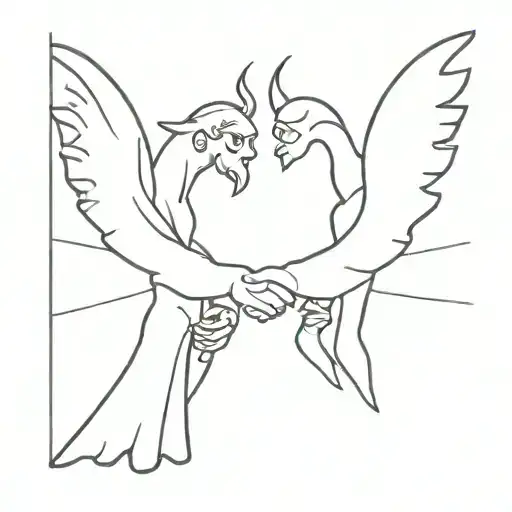 a angel and a demon shaking hands reaching tattoo design idea