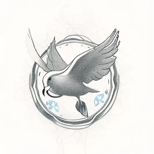 Design a tattoo of a dove holding a guitar pick, symbolizing peace and love for rock music and Christ as lord tattoo design idea